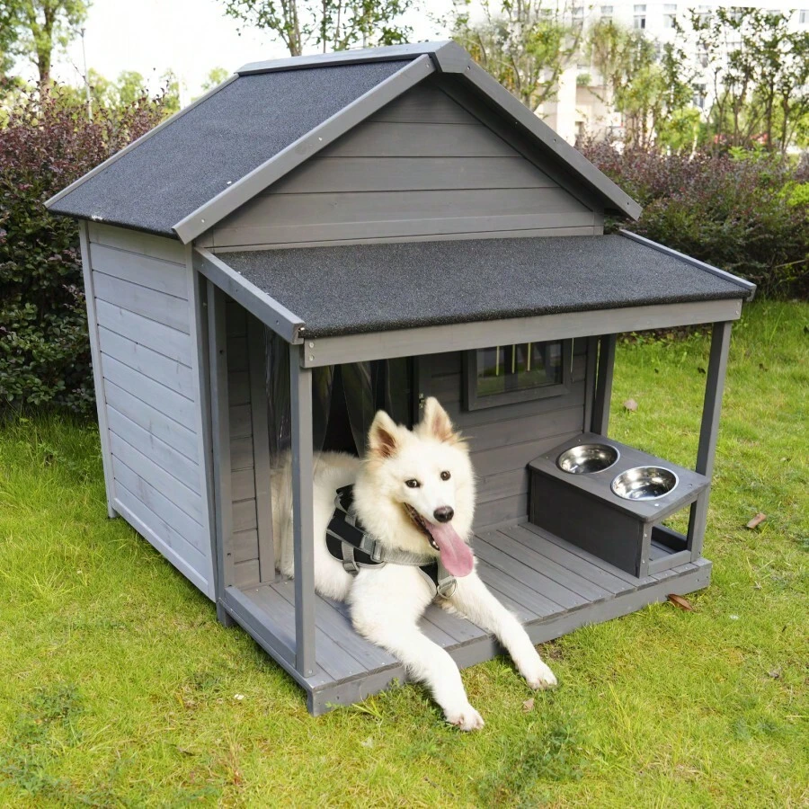 Large Balcony Dog House, Length 44.2" X Width 44.6 "X Height 44.6" Solid Wood Asphalt Roof Dog House With Large Terrace, Weatherproof Large Dog House, Cleaning Mat, Feeding Bowl - Multicolor - View 1