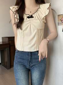 Stylish Cap Sleeve Bowknot Backless Tank Top, Form-Fitting, Frill Trim, Spring/Summer - Apricot - View 8