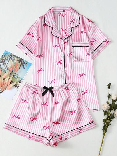 [Elegant Fields] 2 Parça Saten Çizgili Fiyonk Baskılı Kısa Kollu Yakalı Üst ve Fiyonklu Şort Pijama Takımı, Kadınlar İçin, İlkbahar/Yaz Ev Giyim, İki Parça Set