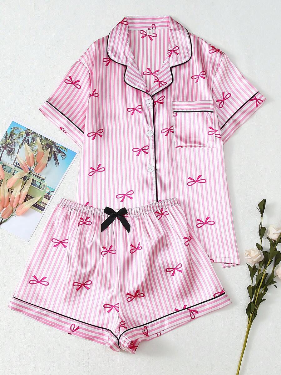 [Elegant Fields]2pcs Satin Striped Bow Print Short Sleeve Collar Top And Bow Shorts Pajama Set For Women, Spring/Summer Loungewear, Two Pieces Set - Hồng - Xem 1