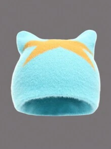 时尚秋冬新款五角星成人毛线帽时尚甜美辣妈猫耳保暖帽星星休闲可爱优雅街头风提花针织帽 - 彩色 - 查看 5