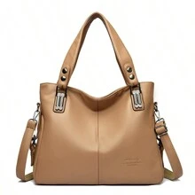 Large-Capacity Soft Leather Handbag, European And American Fashion Bag, One-Shoulder Shoulder Bag - 淺卡其色 - 查看 3