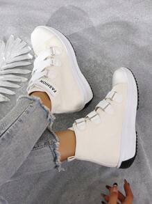 女士高帮厚底轻便透气白色休闲运动鞋，时尚百搭帆布鞋 - 白色 - 查看 6