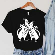 Rat Women's Clothing Cartoon Animal Casual Female T Shirts Rats Embrace Print Fashion TShirts Summer Vintage Rat Women T-Shirts - Black - View 1