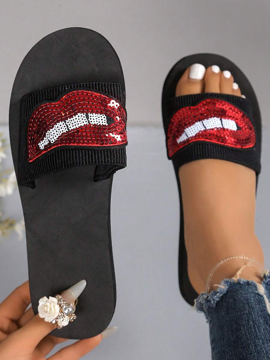 Women's Fashion Sandals With Lip Print, Non-Slip Sole, Soft Comfortable Flat Shoes Suitable For Outdoor Travel And Beach In Summer - Black and Red - View 1