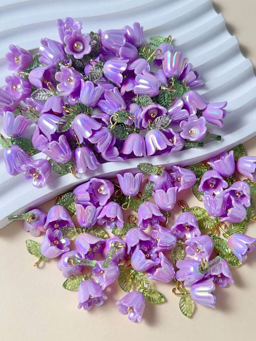 10pcs/Set Purple Flower Design Pendant, Suitable For Earrings, Necklace Decoration - Purple - View 1