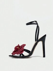 女士高跟时尚派对鞋，尖头闪光 3D 花卉玫瑰设计，适合户外、夜总会、万圣节、圣诞节，性感踝带优雅黑色凉鞋 - 黑色 - 查看 7