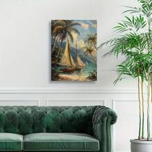 1 Pc Canvas Painting, Tropical, Beach, Coconut Trees , Wooden Framed Art,High Quality ,Ickness 2.25cm/1inch  Wall Art Prints Poster Direct Hanging Decor For Home Gifts,Living Room, Bathroom, Bedroom, Kitchen,Bar,Office