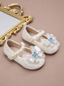 1 Pair New Fashion Elegant Simple Girls Laser Glitter Material Handmade Pearl Tulle Bow Crystal Glass Butterfly Decor Hook And Loop Flower Edge Soft Anti-Slip Flat Princess Shoes Suitable For Piano Performance, All Seasons