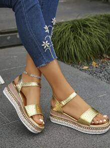 Women's Crocodile Print Rivet Decorated Ankle Strap Strap Buckle Wedge Sandals, Elegant Vacation Style Chunky Heel Platform Waterproof High Heel, Random Pattern