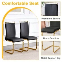 Table And Chair Set.Subtle Luxury Clear Tempered Glass Dining Set - 71"X35.4" With 6 Black PU Chairs.C-Tube Gold Metal Chair Legs.Bring A Comfortable Home Experience To The Kitchen, Bedroom.