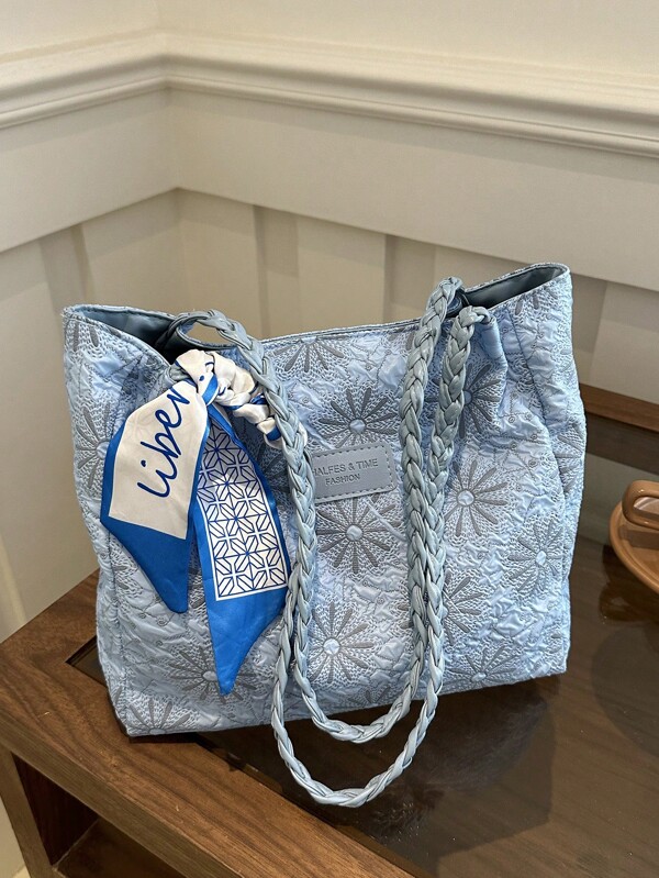 1 Peça Bolsa Tote Comutadora de Moda Feminina com Grande Capacidade, Estampa Floral, Adequada para Férias na Praia, Viagem, Minimalista, Leve, Alça Trançada Única, Fita Bonita, Dobrável