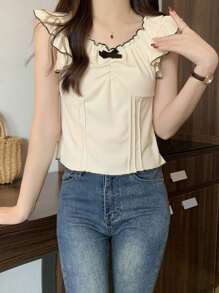 Stylish Cap Sleeve Bowknot Backless Tank Top, Form-Fitting, Frill Trim, Spring/Summer - Apricot - View 6