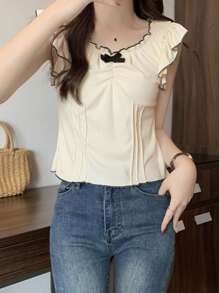 Stylish Cap Sleeve Bowknot Backless Tank Top, Form-Fitting, Frill Trim, Spring/Summer - Apricot - View 2