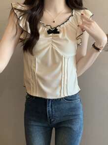 Stylish Cap Sleeve Bowknot Backless Tank Top, Form-Fitting, Frill Trim, Spring/Summer - Apricot - View 1