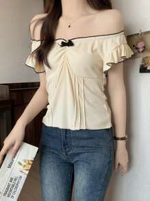Stylish Cap Sleeve Bowknot Backless Tank Top, Form-Fitting, Frill Trim, Spring/Summer - Apricot - View 4