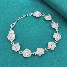 Bracelet à chaîne de fleurs roses en cuivre blanc plaqué argent avec glands pour femmes, bijoux de mode pour mariage et fiançailles