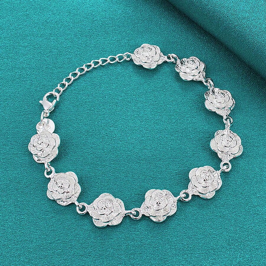 Bracelet à chaîne de fleurs roses en cuivre blanc plaqué argent avec glands pour femmes, bijoux de mode pour mariage et fiançailles