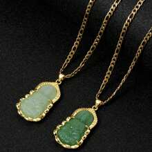 dollrinboy 1 pièce Pendentif collier 18 carats plaqué or de Guanyin Bouddha vert pour femmes et hommes, ornement bouddhiste amulette, avec chaîne plate de 3mm