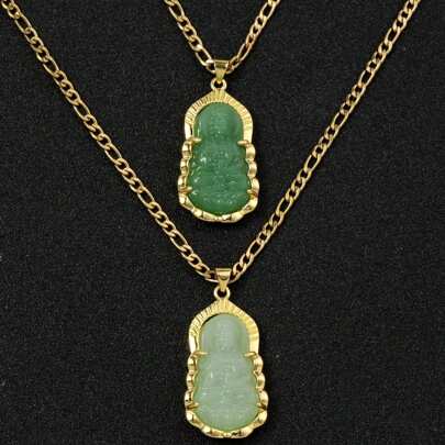 dollrinboy 1 chiếc vòng cổ mặt dây chuyền Phật Quan Âm mạ vàng 18K màu xanh lá cây dành cho nam nữ, đồ trang trí Phật giáo, dây chuyền phẳng 3MM