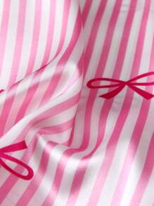 [Elegant Fields]2pcs Satin Striped Bow Print Short Sleeve Collar Top And Bow Shorts Pajama Set For Women, Spring/Summer Loungewear, Two Pieces Set - Hồng - Xem 8