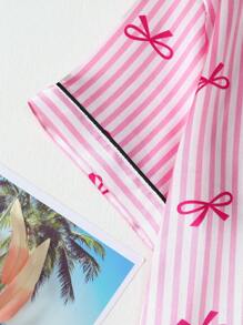 [Elegant Fields]2pcs Satin Striped Bow Print Short Sleeve Collar Top And Bow Shorts Pajama Set For Women, Spring/Summer Loungewear, Two Pieces Set - Hồng - Xem 4