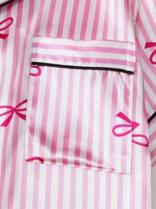 [Elegant Fields]2pcs Satin Striped Bow Print Short Sleeve Collar Top And Bow Shorts Pajama Set For Women, Spring/Summer Loungewear, Two Pieces Set - Hồng - Xem 5