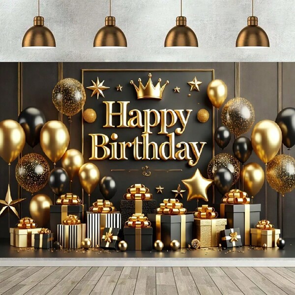 Fondo de fiesta de cumpleaños en negro y dorado, pancarta de celebración de cumpleaños brillante en negro y dorado, decoraciones de fiesta de cumpleaños para hombres