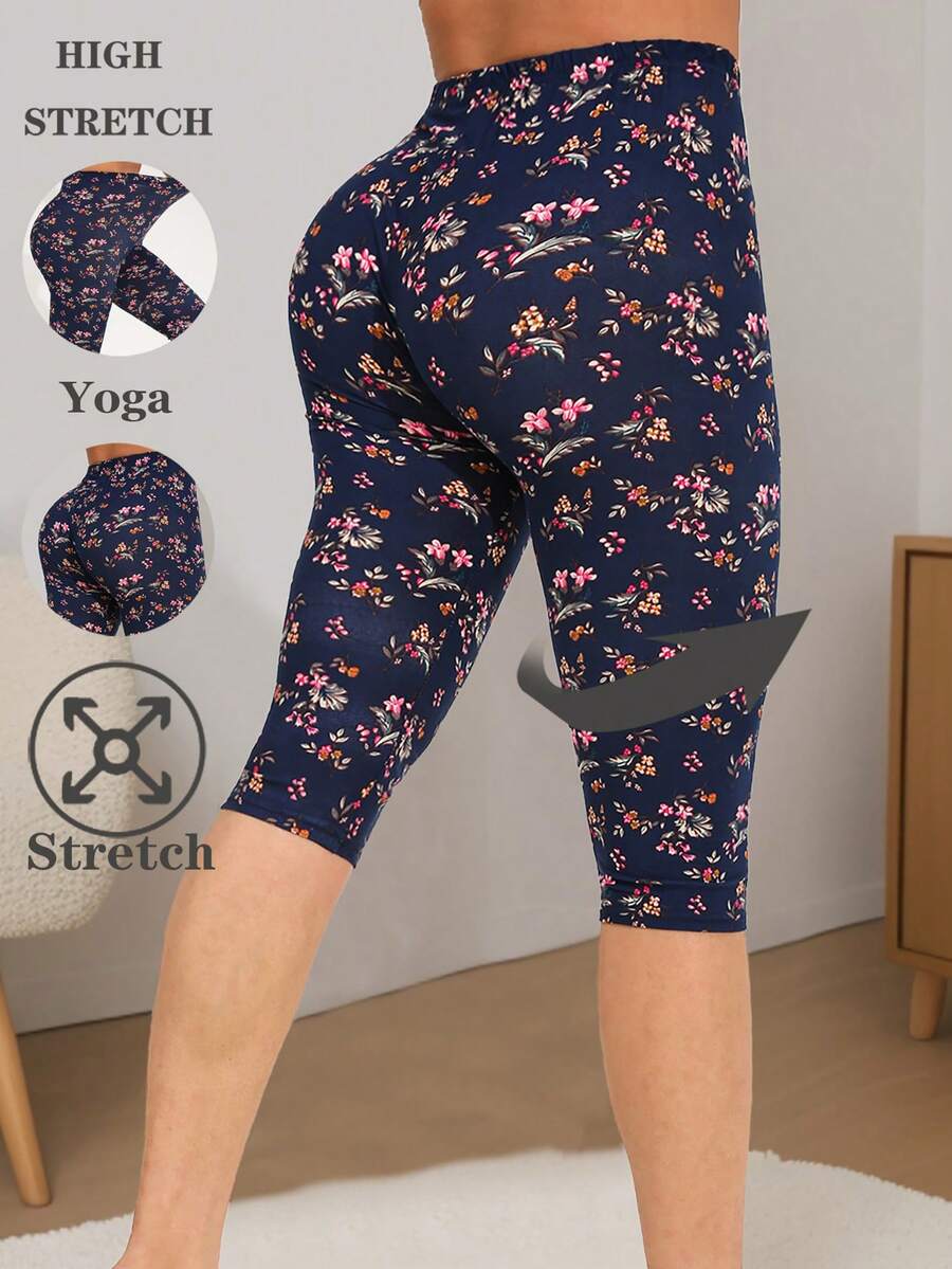 Women's Casual Versatile Capri Leggings Floral Pattern High Elasticity Soft Comfortable Suitable For Fitness Exercise Yoga Spring Summer Vacation