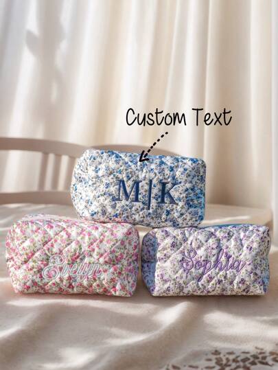 Personalized Floral Makeup Bag, Handmade Quilted Cosmetic Bag, Embroidered Gift For Her, Bridesmaid Gift, Travel Makeup Pouch, Toiletry Bags, Space-Saving, Letter, Striped, Exquisite, Tidy, Contracted, Casual, Basics, Colorful, Leisure, Unique