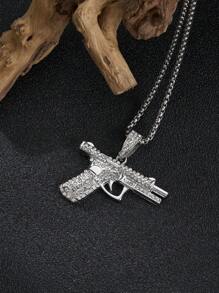 1pc Fashion Hip-Hop Style Stainless Steel Long Necklace With Pendant Charms, Including Poker, Dollar, Gun Pendant, Suitable For Gift, Valentine's Day, Graduation, Father's Day, Men's Jewelry, Chain Necklace