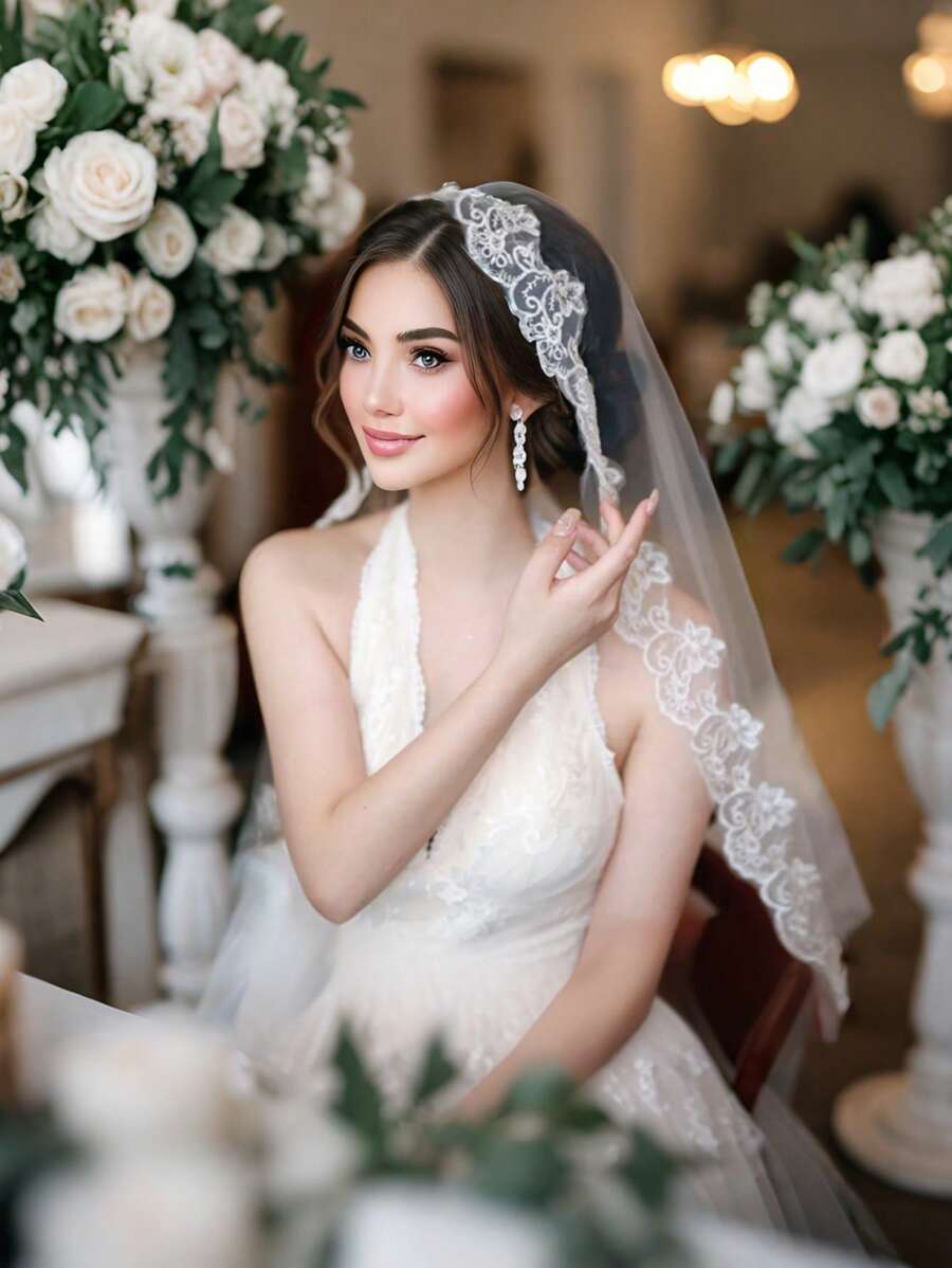 1pc French Vintage Lace Trimming Short Bridal Veil, Romantic & Elegant Wedding Photo Decoration Hair Accessory - White - View 1