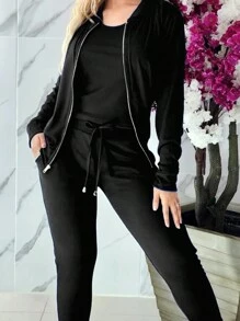 Conjunto Casual de 3 Piezas que Incluye: Chamarra Chaqueta Manga Larga Unicolor sin Gorro + Top Corto Unicolor y Pantalon Con Lazo Cordon ajustado a la cintura Moda Para Mujer Dama Excelente para Primavera Verano y Otoño - Negro - Ver 2
