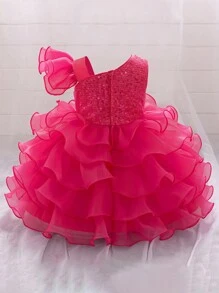 Baby Girls Sequin Bow Tulle Cute Ruffle Princess Dress, Suitable For Performance, Party, Birthday - Hot Pink - View 2