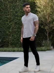 Men's Short Sleeve Dress Shirt With Priest Collar - Fresh Shirt - Comfortable - trắng - Xem 4