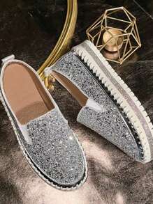 Women's Sequin & Rhinestone Studded Loafers, Thick Sole Slip-On Soft Walking Shoes, Elegant Daily Footwear - Silver - View 4