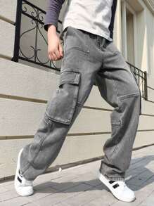 Pantalon cargo noir pour adolescent garçon, nouveaux jeans mode printemps pour enfants, pantalon droit de haute qualité, style casual