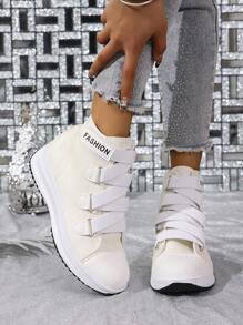 女士高帮厚底轻便透气白色休闲运动鞋，时尚百搭帆布鞋 - 白色 - 查看 2