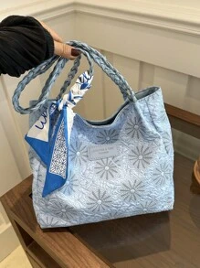 1pc Women's Fashion Commuter Tote Bag With Large Capacity, Floral Print, Suitable For Seaside Vacation, Travel, Minimalist, Lightweight, Unique Woven Strap, Beautiful Ribbon, Foldable