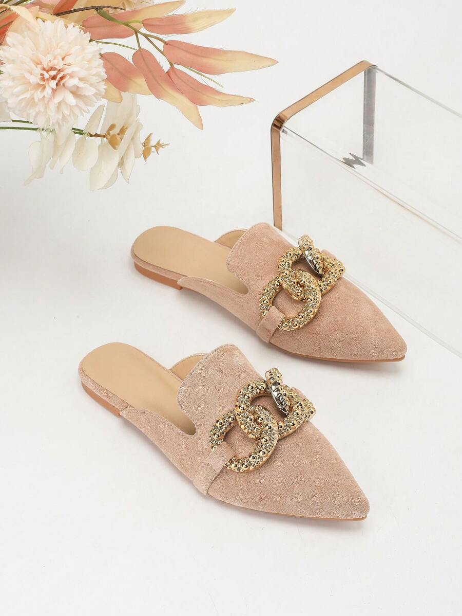 Giày mules da lộn màu lạc đà mũi nhọn thanh lịch dành cho nữ mùa thu năm 2025 có khóa tròn và kim loại lớn, gót phẳng, dành cho mùa xuân và mùa hè - Lạc đà - Xem 1