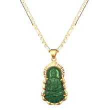dollrinboy 1 pièce Pendentif collier 18 carats plaqué or de Guanyin Bouddha vert pour femmes et hommes, ornement bouddhiste amulette, avec chaîne plate de 3mm