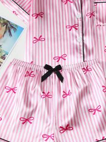 [Elegant Fields]2pcs Satin Striped Bow Print Short Sleeve Collar Top And Bow Shorts Pajama Set For Women, Spring/Summer Loungewear, Two Pieces Set - Hồng - Xem 6
