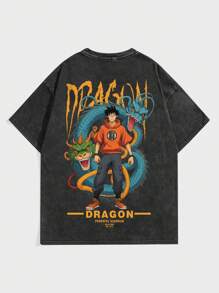 Shwiy Men's Street-Wear Dragon Graphic Distressed T-Shirt, Japanese Cartoon Print Short Sleeve Tee For Casual Wear, Anime Fan - Black - View 3