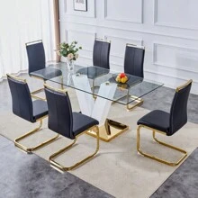 Table And Chair Set.Subtle Luxury Clear Tempered Glass Dining Set - 71"X35.4" With 6 Black PU Chairs.C-Tube Gold Metal Chair Legs.Bring A Comfortable Home Experience To The Kitchen, Bedroom.