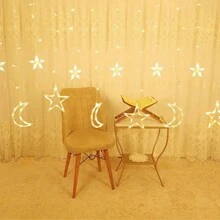 126 LED Star Moon Rama Curtain String Lights, 118 Inches Battery Powered Twinkle Star Moon Fairy Lights, Bohemian Dazzle Bright Window String LED Lights, 2 Lighting Modes, For Bedroom Wall, Romantic Wedding, Birthday Party, Patio Lawn, New Year's, Festival, Restaurant, Show, Office, Rama Decorations Gifts, Indoor Outdoor Home Garden Party Supplies Garden Lights Garden Decor Wedding Decor Room Decor Graduation E-I-D