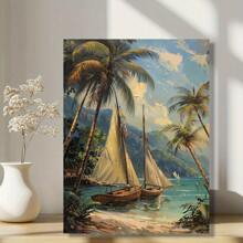1 Pc Canvas Painting, Tropical, Beach, Coconut Trees , Wooden Framed Art,High Quality ,Ickness 2.25cm/1inch  Wall Art Prints Poster Direct Hanging Decor For Home Gifts,Living Room, Bathroom, Bedroom, Kitchen,Bar,Office