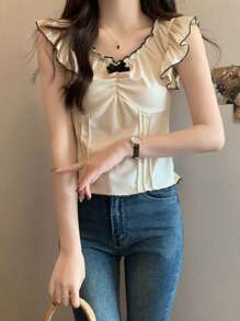 Stylish Cap Sleeve Bowknot Backless Tank Top, Form-Fitting, Frill Trim, Spring/Summer - Apricot - View 7