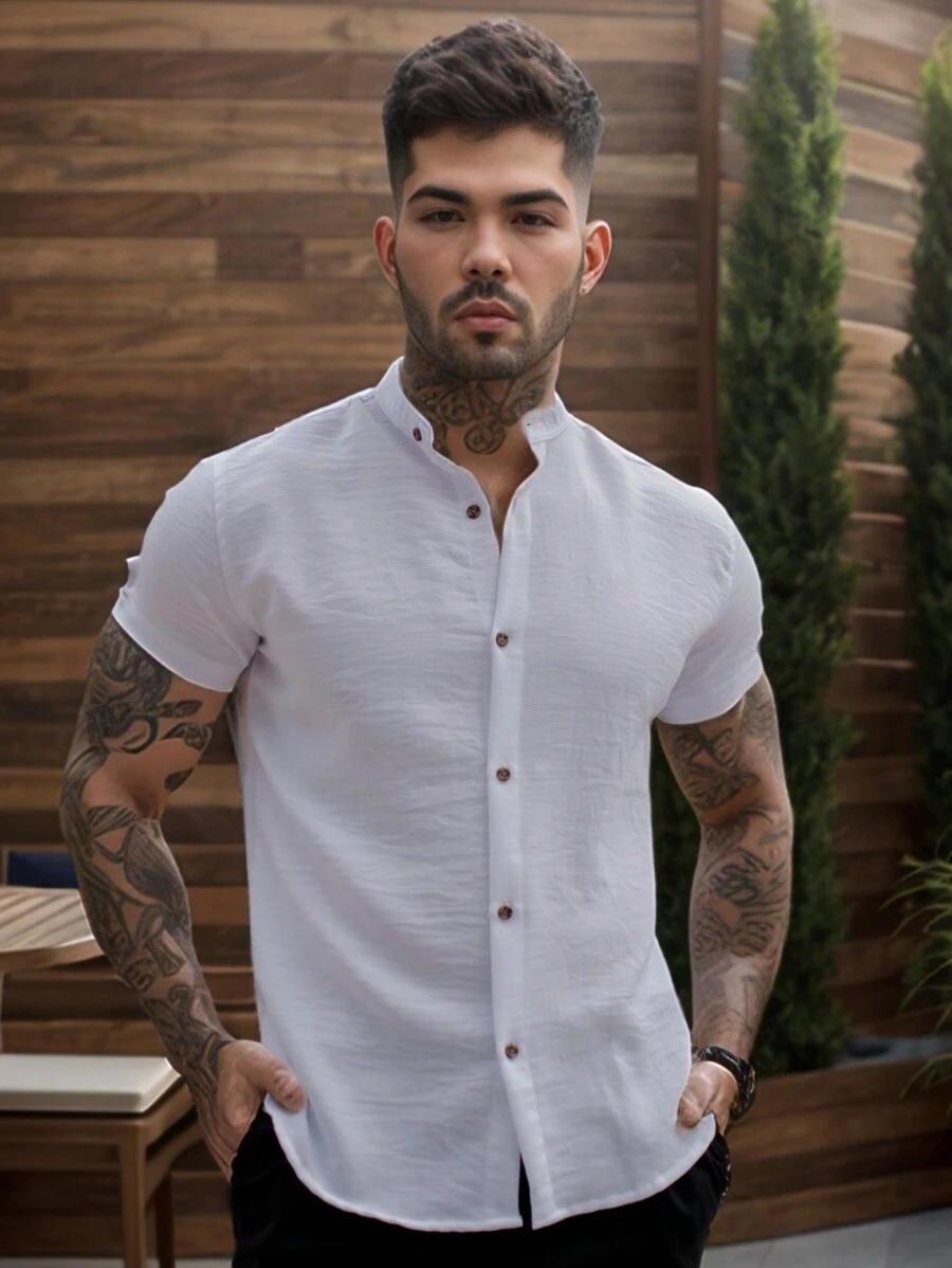 Men's Short Sleeve Dress Shirt With Priest Collar - Fresh Shirt - Comfortable - trắng - Xem 1