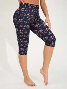Women's Casual Versatile Capri Leggings Floral Pattern High Elasticity Soft Comfortable Suitable For Fitness Exercise Yoga Spring Summer Vacation - Navy Blue - View 6