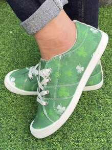 Women's Spring New Flat Casual Trifoliate Print Comfortable Lightweight Shallow Round Toe Soft Bottom Plus Size Shoes - Green - View 3